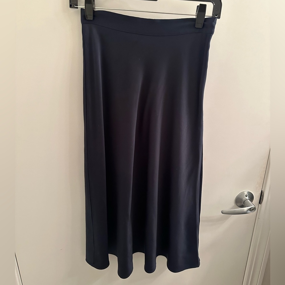 Navy satin midi skirt